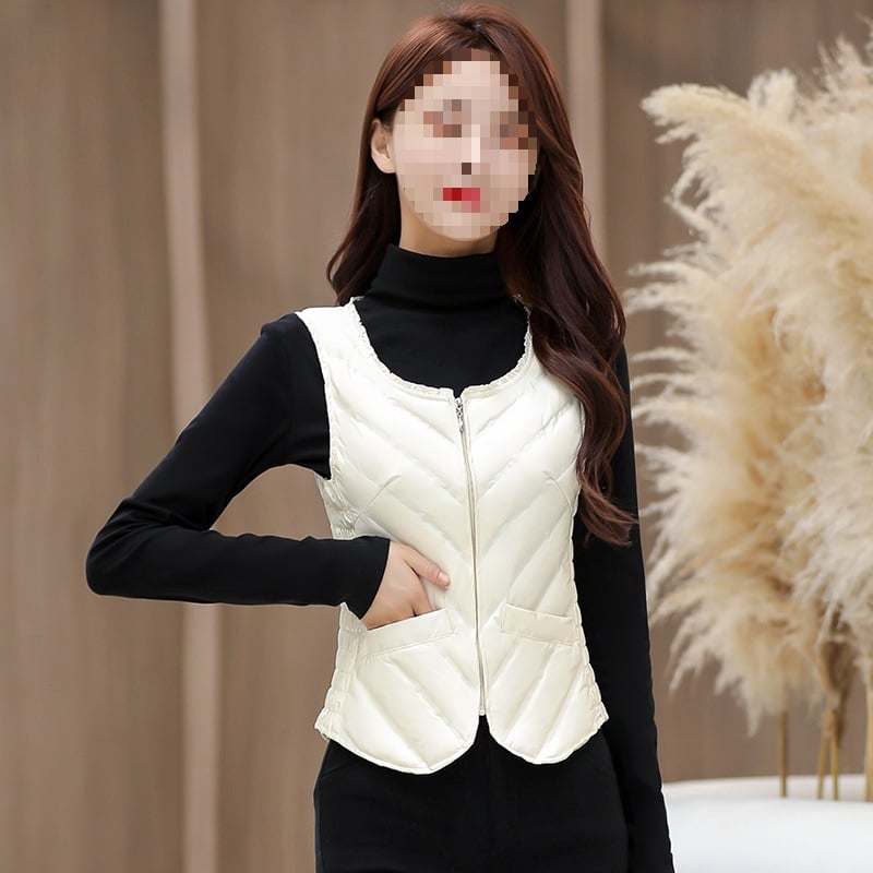 Naiste Down vest, kerge, sale lõige, Talv 2025, tõmblukk, ümmargune kaelus, täidis >90% valge pardi sulgede