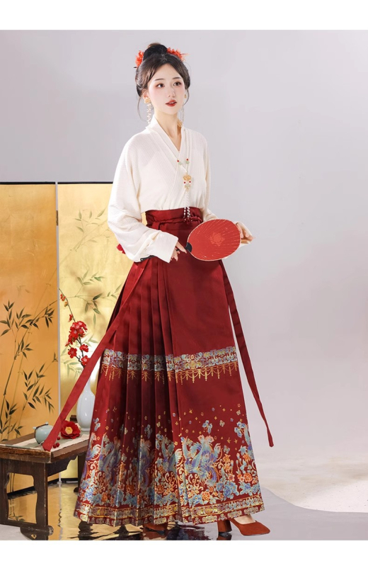 Hanfu suknja s zlatnim uzorkom na crvenom materijalu, tkanina zlatna, poliester 70–80% glavni, 50–70% sekundarni, bojanje na vlakna, jesen 2024
