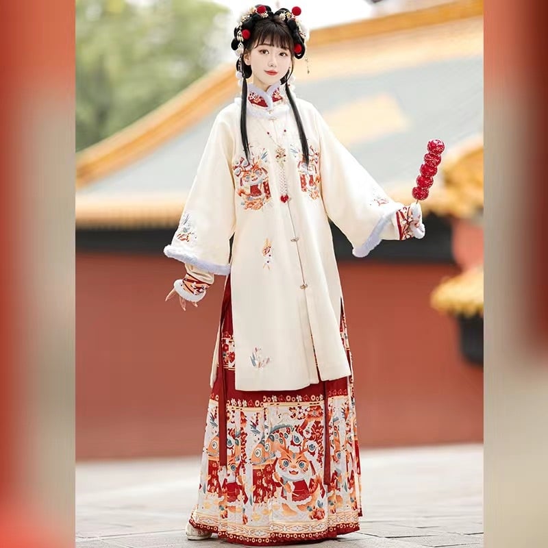 Ženski Hanfu komplet s flis podstavom za zimu, izšiven Ma Mian suknja i top s okruglim izrezom