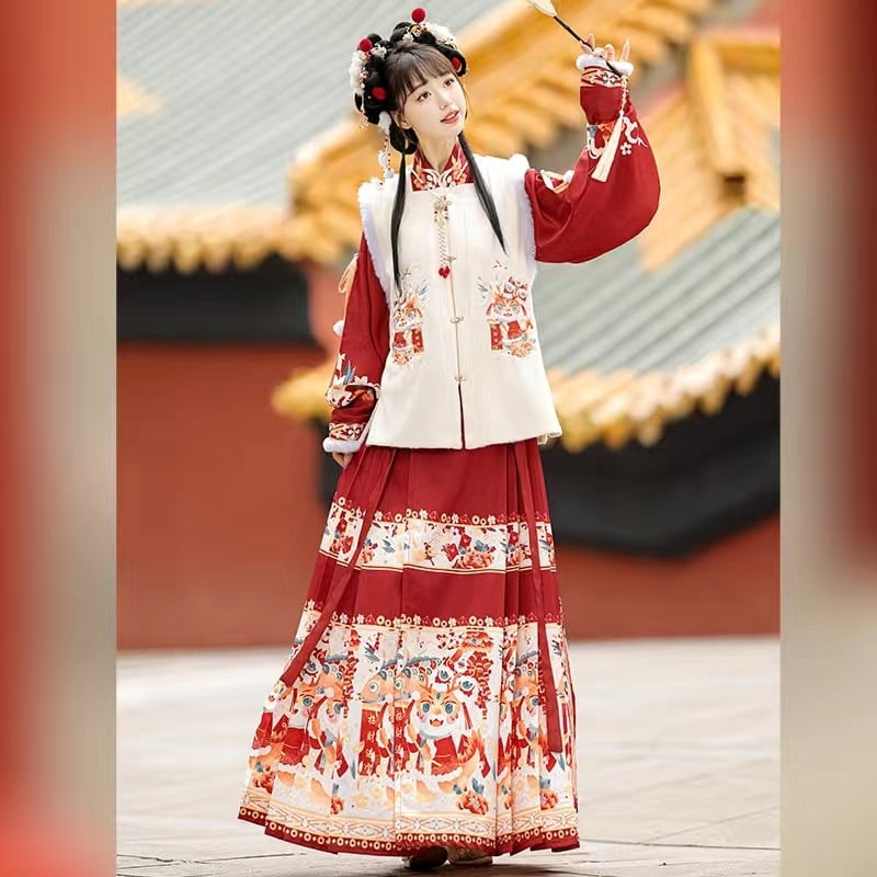 Ženski Hanfu komplet s flis podstavom za zimu, izšiven Ma Mian suknja i top s okruglim izrezom