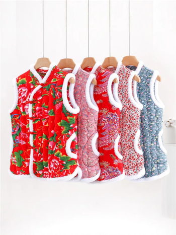 Sieviešu ķīniešu stilā vest ar florālu rakstu, kokvilnas-poliestera audums, Space cotton pildījums, stāvošs apkaklis