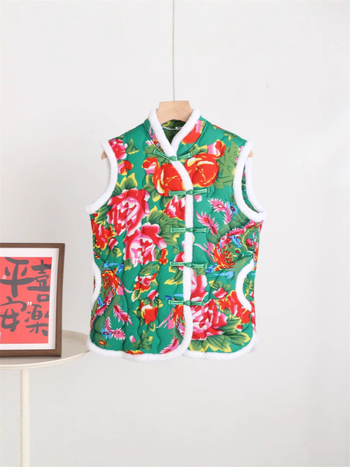 Sieviešu ķīniešu stilā vest ar florālu rakstu, kokvilnas-poliestera audums, Space cotton pildījums, stāvošs apkaklis