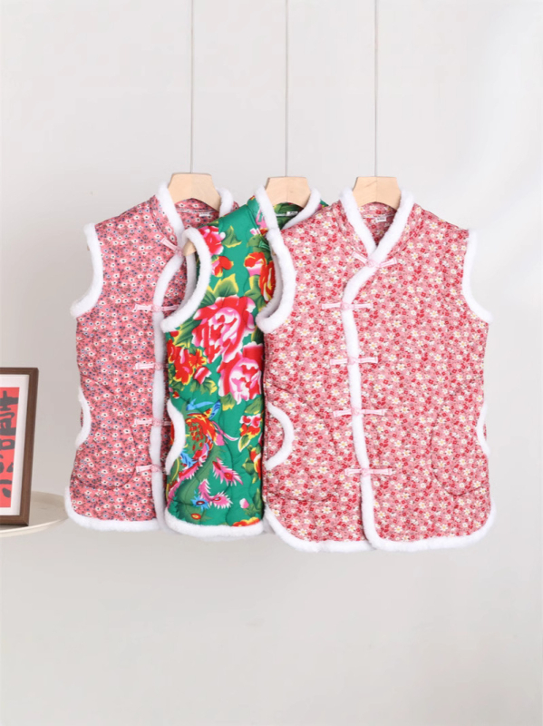 Sieviešu ķīniešu stilā vest ar florālu rakstu, kokvilnas-poliestera audums, Space cotton pildījums, stāvošs apkaklis