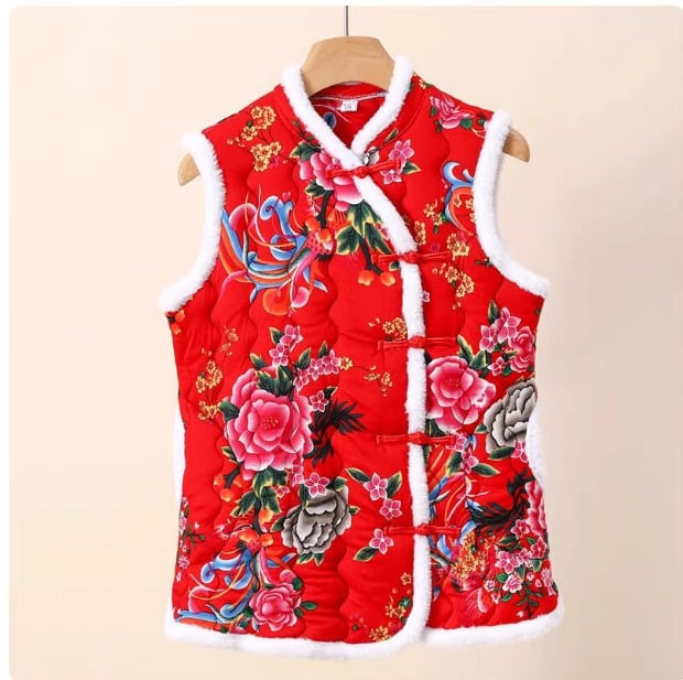 Sieviešu ķīniešu stilā vest ar florālu rakstu, kokvilnas-poliestera audums, Space cotton pildījums, stāvošs apkaklis