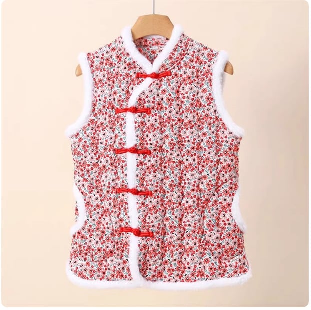 Sieviešu ķīniešu stilā vest ar florālu rakstu, kokvilnas-poliestera audums, Space cotton pildījums, stāvošs apkaklis