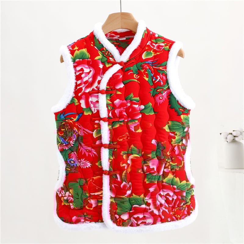 Sieviešu ķīniešu stilā vest ar florālu rakstu, kokvilnas-poliestera audums, Space cotton pildījums, stāvošs apkaklis