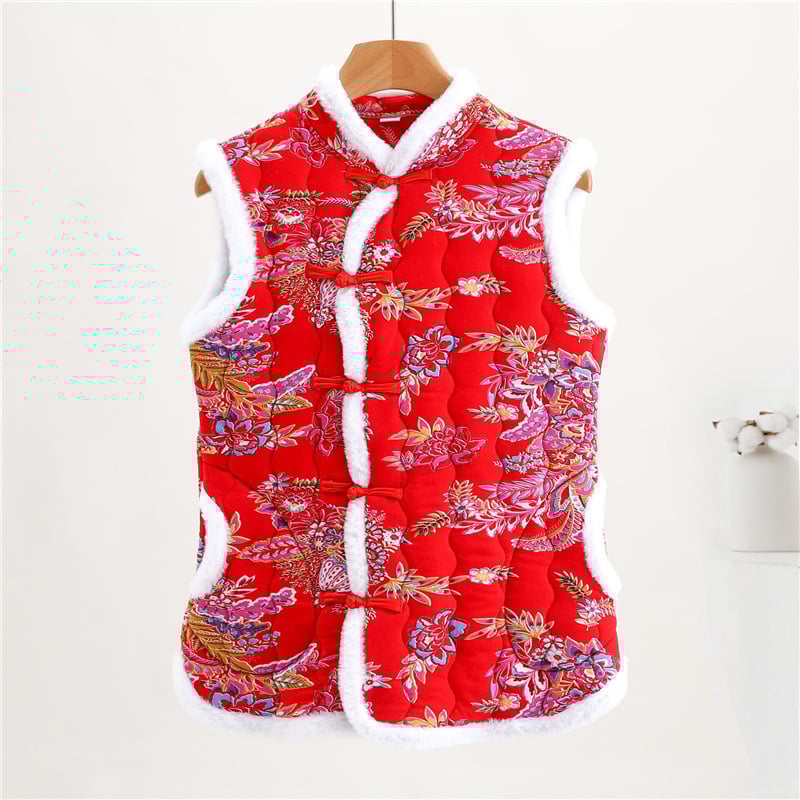 Sieviešu ķīniešu stilā vest ar florālu rakstu, kokvilnas-poliestera audums, Space cotton pildījums, stāvošs apkaklis