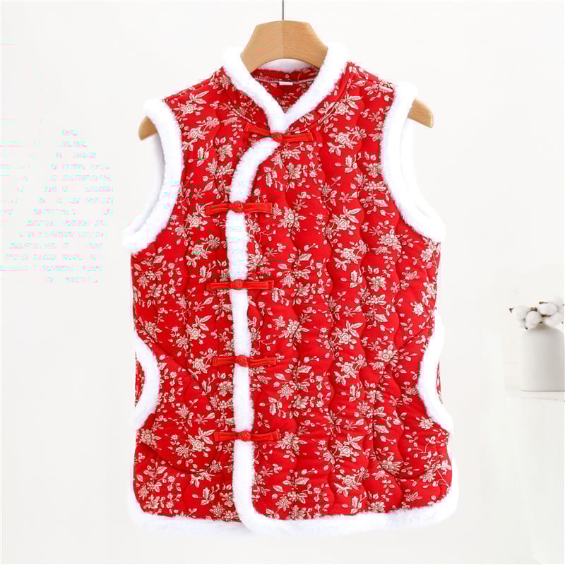 Sieviešu ķīniešu stilā vest ar florālu rakstu, kokvilnas-poliestera audums, Space cotton pildījums, stāvošs apkaklis