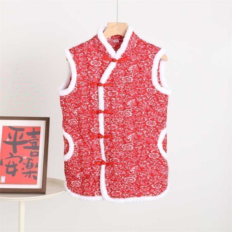 Sieviešu ķīniešu stilā vest ar florālu rakstu, kokvilnas-poliestera audums, Space cotton pildījums, stāvošs apkaklis