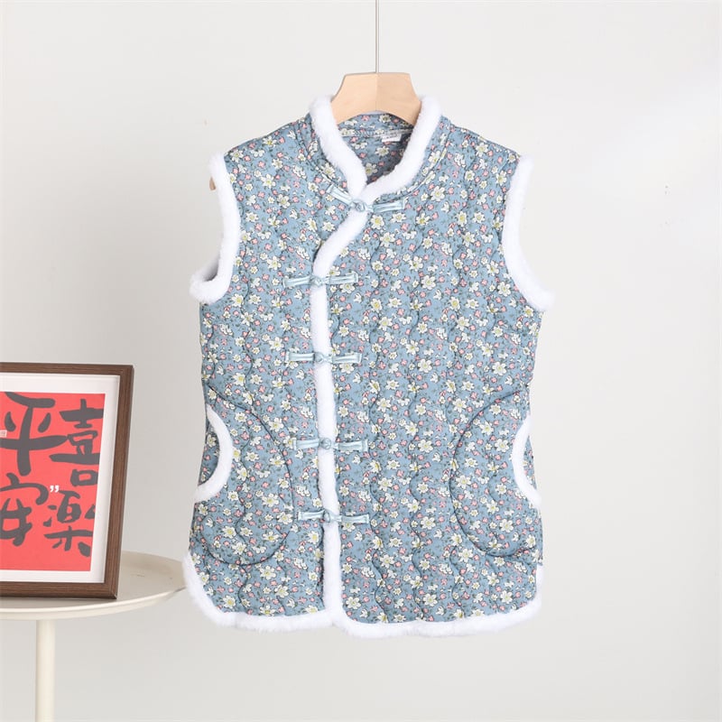 Sieviešu ķīniešu stilā vest ar florālu rakstu, kokvilnas-poliestera audums, Space cotton pildījums, stāvošs apkaklis