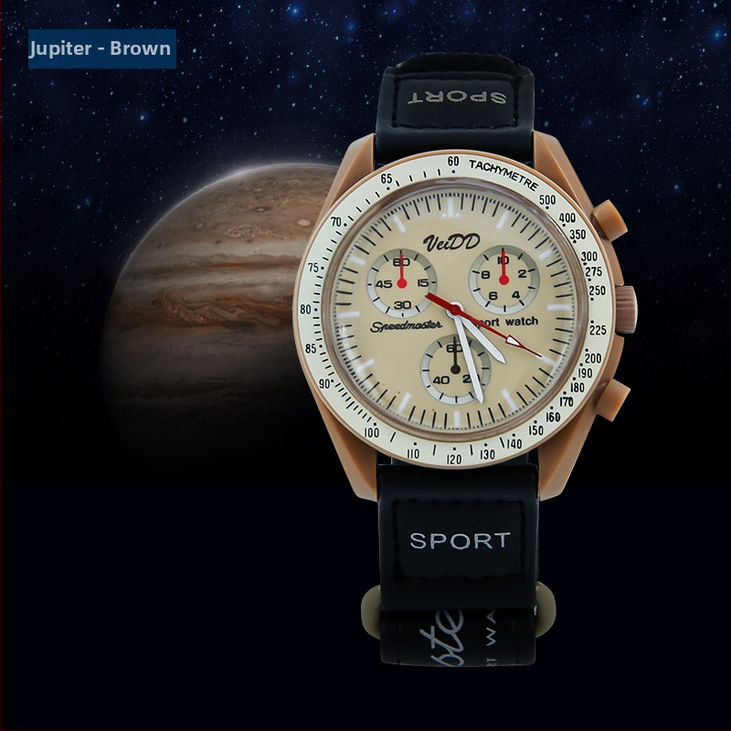 Ceas sport în colaborare cu design de Lună planetară și curea magică (mișcare cuarț, sticlă minerală, carcasă din plastic, logo tipărit)