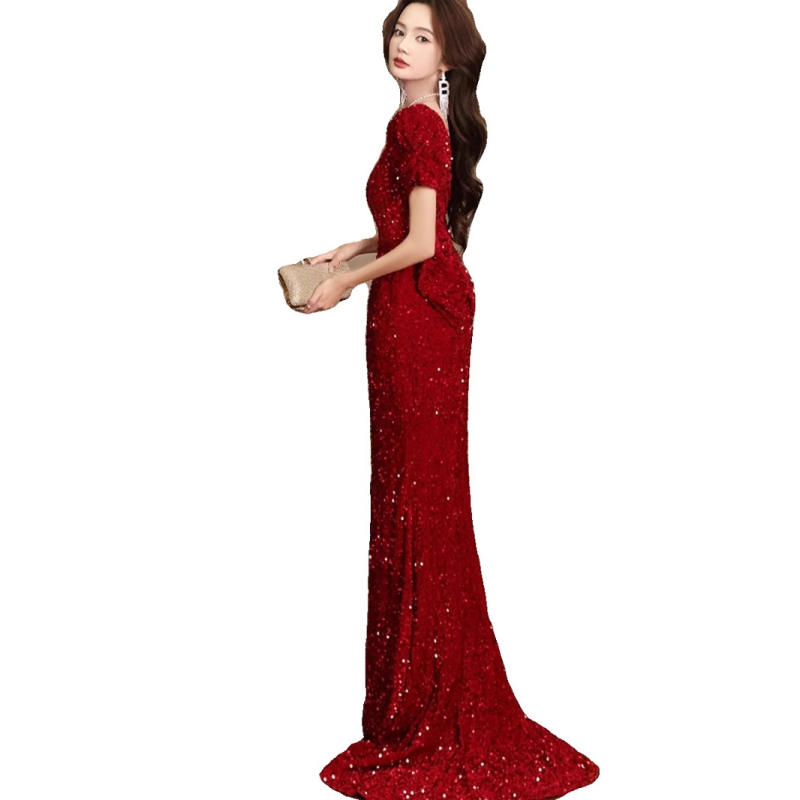 Rochie de seară pentru femei – paiete, talie înaltă, siluetă de coadă de pește, mâneci 3/4, lungă (paiete, talie înaltă, siluetă de coadă de pește, mâneci 3/4, lungă)