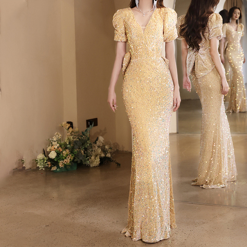 Rochie de seară pentru femei – paiete, talie înaltă, siluetă de coadă de pește, mâneci 3/4, lungă (paiete, talie înaltă, siluetă de coadă de pește, mâneci 3/4, lungă)