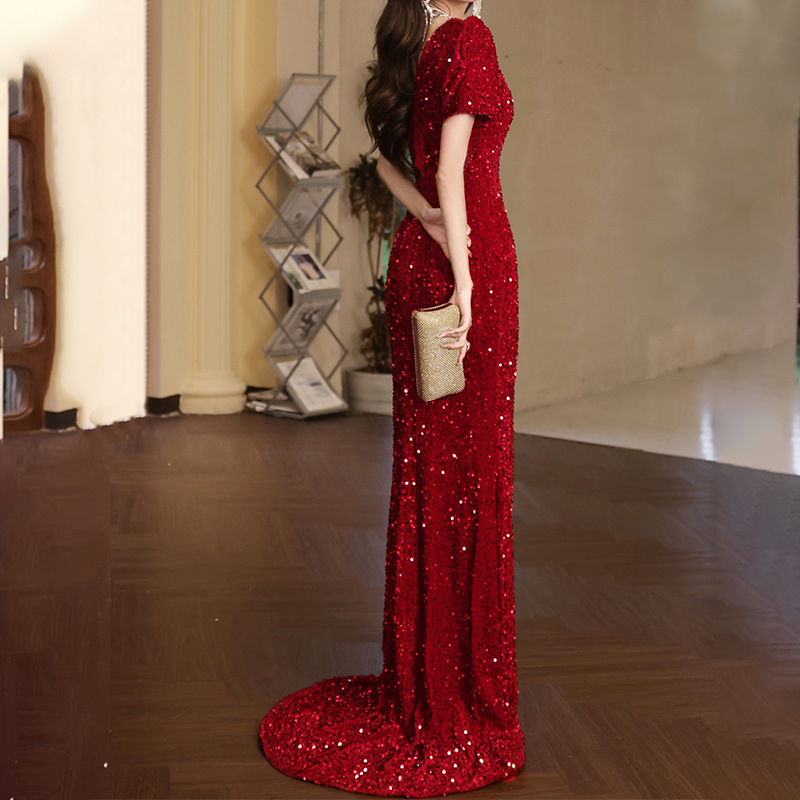 Rochie de seară pentru femei – paiete, talie înaltă, siluetă de coadă de pește, mâneci 3/4, lungă (paiete, talie înaltă, siluetă de coadă de pește, mâneci 3/4, lungă)