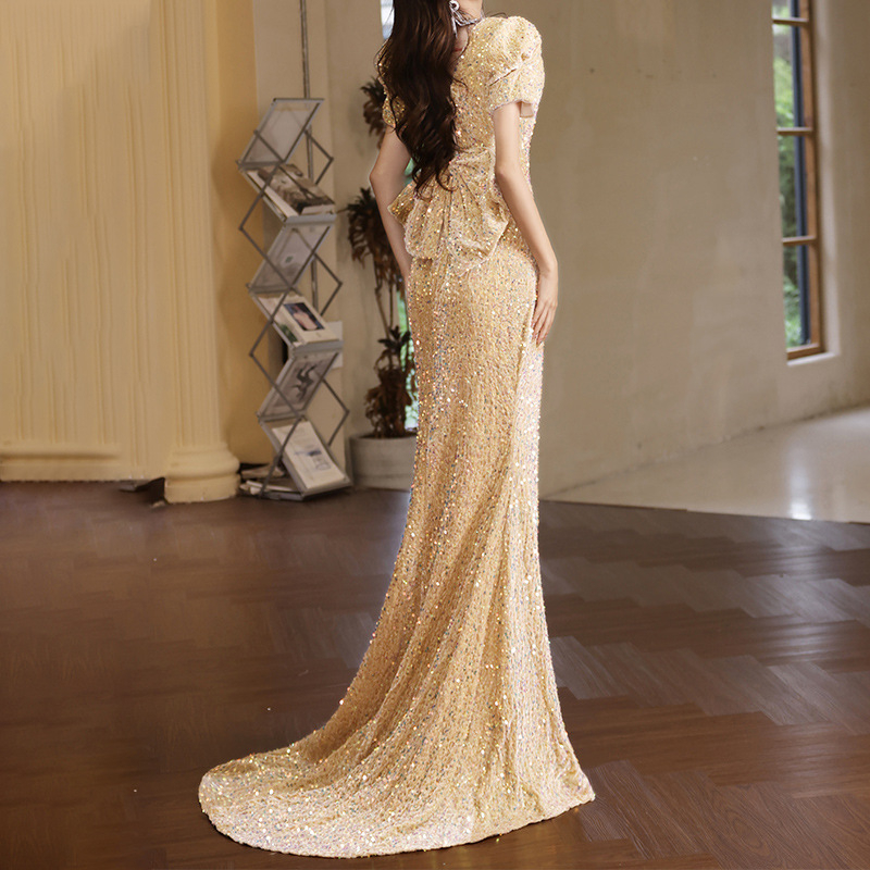 Rochie de seară pentru femei – paiete, talie înaltă, siluetă de coadă de pește, mâneci 3/4, lungă (paiete, talie înaltă, siluetă de coadă de pește, mâneci 3/4, lungă)