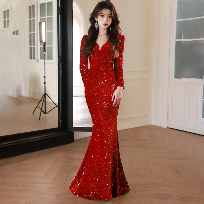 Rochie de seară pentru femei – paiete, talie înaltă, siluetă de coadă de pește, mâneci 3/4, lungă (paiete, talie înaltă, siluetă de coadă de pește, mâneci 3/4, lungă)