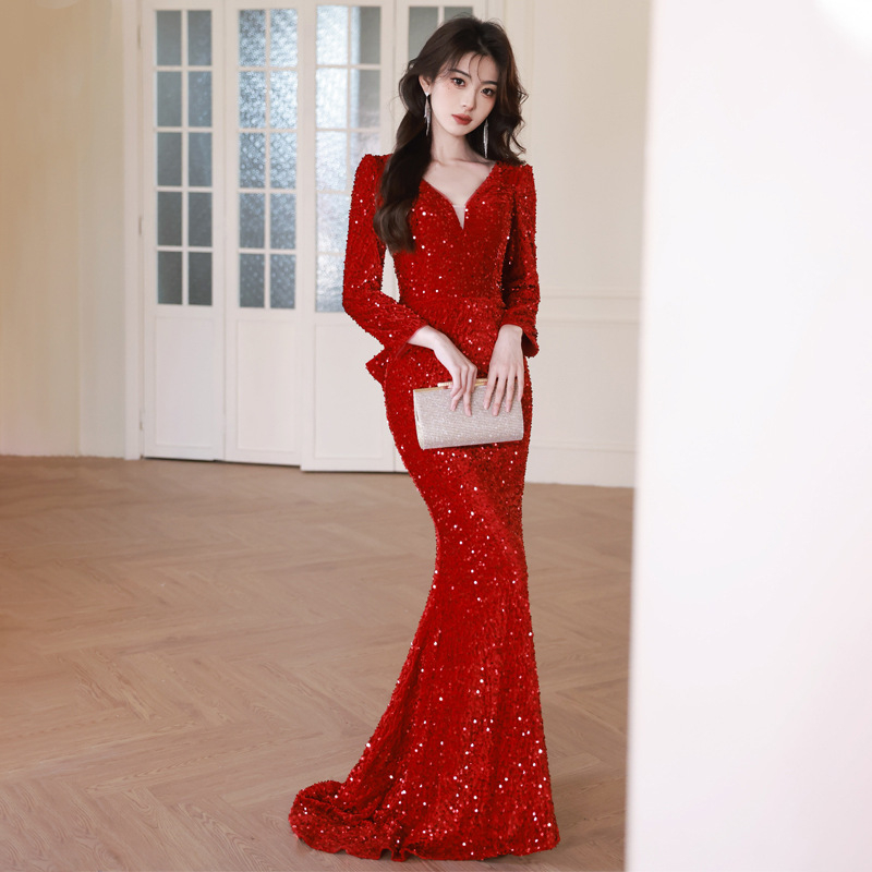 Rochie de seară pentru femei – paiete, talie înaltă, siluetă de coadă de pește, mâneci 3/4, lungă (paiete, talie înaltă, siluetă de coadă de pește, mâneci 3/4, lungă)