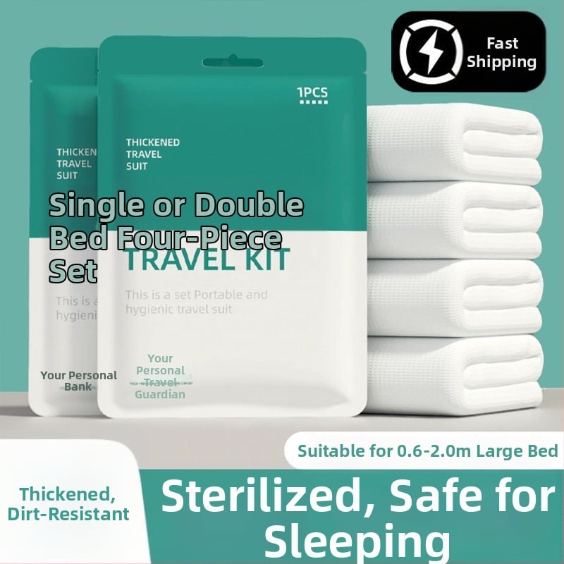 Vienkartinis keturių dalių patalynės komplektas kelionėms ir traukinių miegamiesiems: paklodė, antklodės užvalkalas, pagalvių užvalkalai, miegmaišis