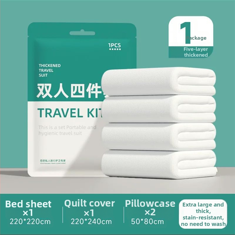 Vienkartinis keturių dalių patalynės komplektas kelionėms ir traukinių miegamiesiems: paklodė, antklodės užvalkalas, pagalvių užvalkalai, miegmaišis