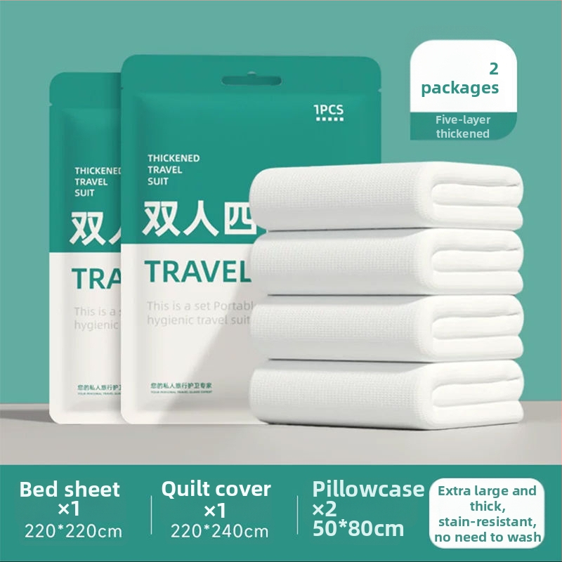 Vienkartinis keturių dalių patalynės komplektas kelionėms ir traukinių miegamiesiems: paklodė, antklodės užvalkalas, pagalvių užvalkalai, miegmaišis
