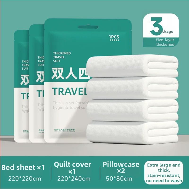 Vienkartinis keturių dalių patalynės komplektas kelionėms ir traukinių miegamiesiems: paklodė, antklodės užvalkalas, pagalvių užvalkalai, miegmaišis