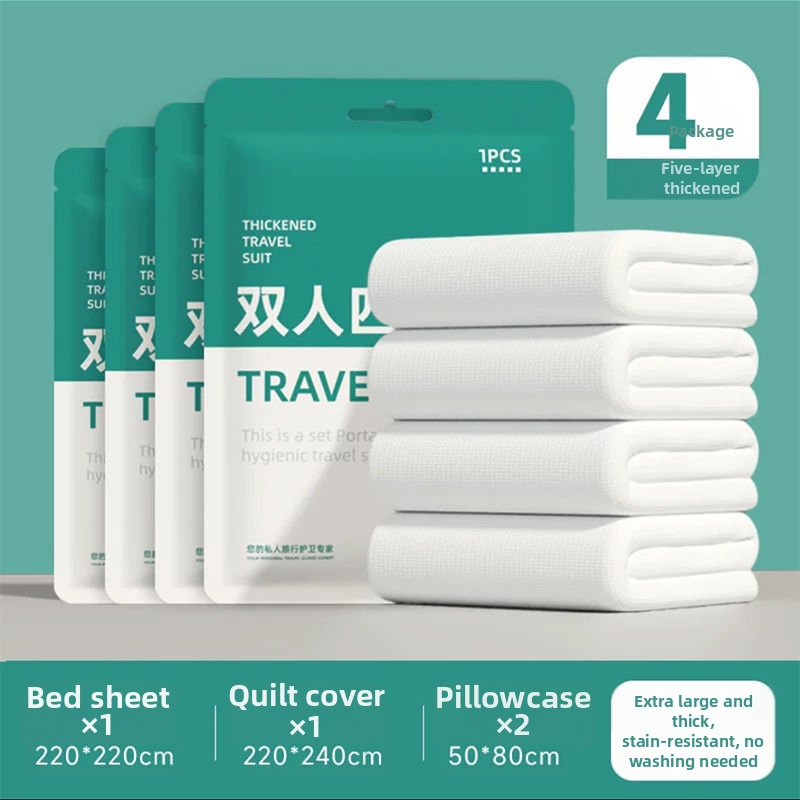 Vienkartinis keturių dalių patalynės komplektas kelionėms ir traukinių miegamiesiems: paklodė, antklodės užvalkalas, pagalvių užvalkalai, miegmaišis