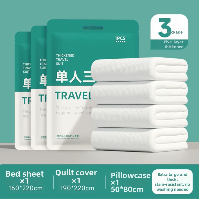Vienkartinis keturių dalių patalynės komplektas kelionėms ir traukinių miegamiesiems: paklodė, antklodės užvalkalas, pagalvių užvalkalai, miegmaišis
