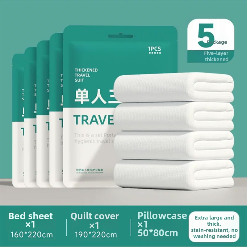 Vienkartinis keturių dalių patalynės komplektas kelionėms ir traukinių miegamiesiems: paklodė, antklodės užvalkalas, pagalvių užvalkalai, miegmaišis