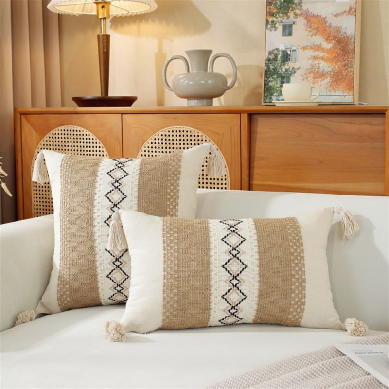 Jastučnica s resicama, platnena tkanina, prugasti uzorak, moderni minimalistički stil, PP cotton punjenje