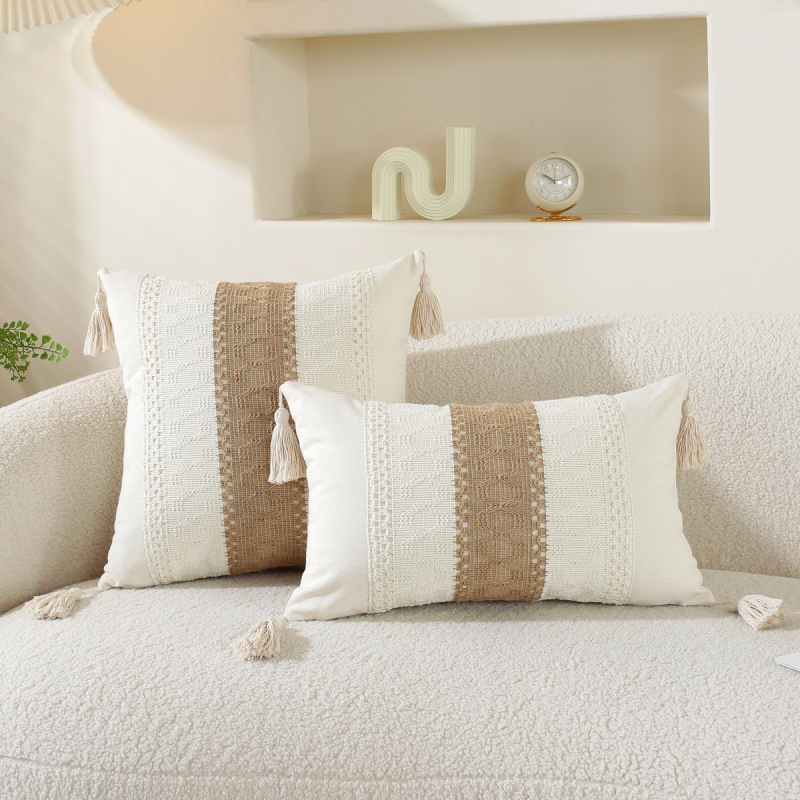Jastučnica s resicama, platnena tkanina, prugasti uzorak, moderni minimalistički stil, PP cotton punjenje