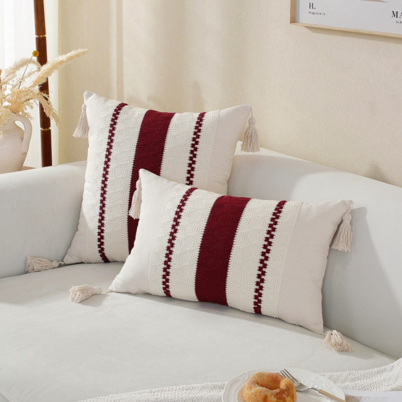 Jastučnica s resicama, platnena tkanina, prugasti uzorak, moderni minimalistički stil, PP cotton punjenje