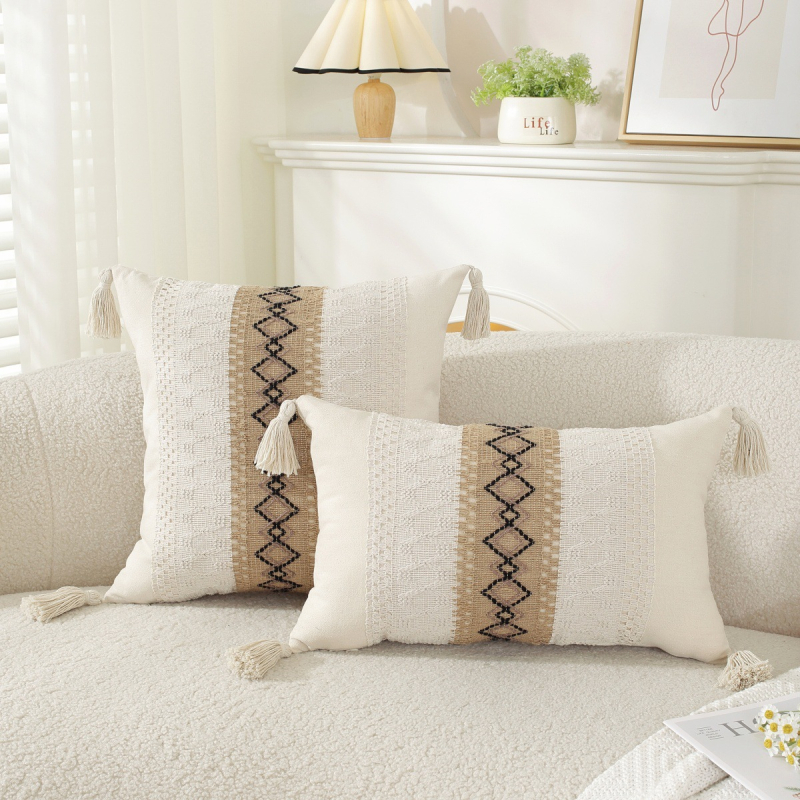 Jastučnica s resicama, platnena tkanina, prugasti uzorak, moderni minimalistički stil, PP cotton punjenje