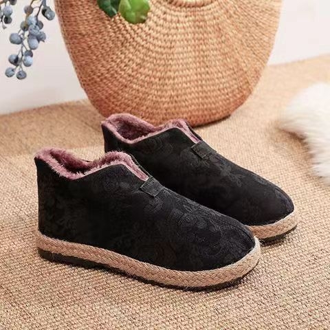 Naiste Pekingi audekli jalanõud tikandiga, sisistus kunstliku lühikese karusnahaga, etnilise stiiliga, ülemine materjal kanvas, tald veiseliha kõõluse, ümargune varvas, lame kand