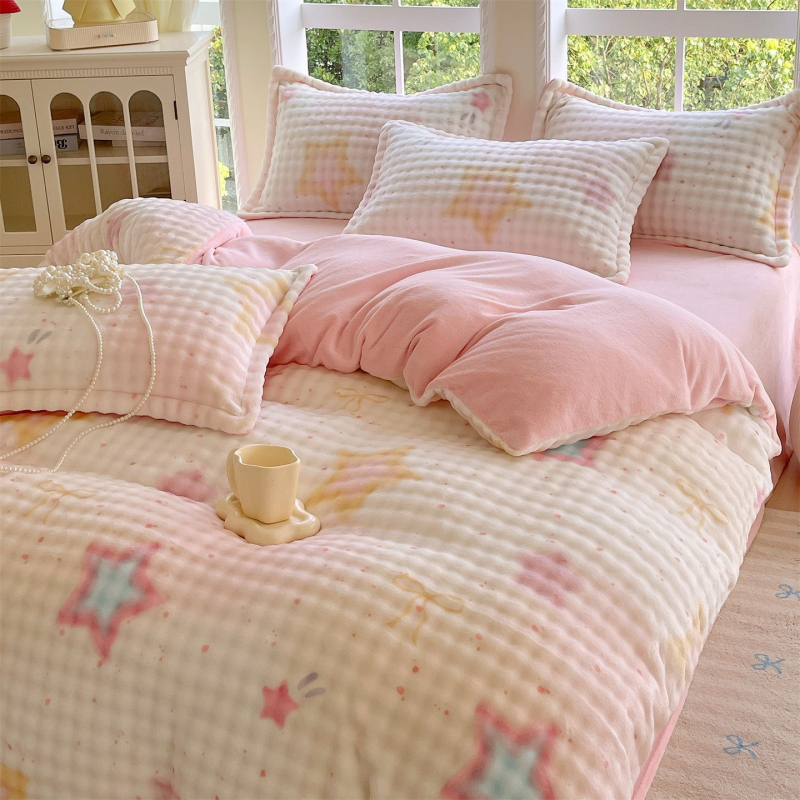 Milk Velvet navlaka za pokrivač, zimska fleec podloga, dvostrani pliš, cartoon uzorak, poliester twill, toplinski prijenos otiska, četvero-djelni set posteljine