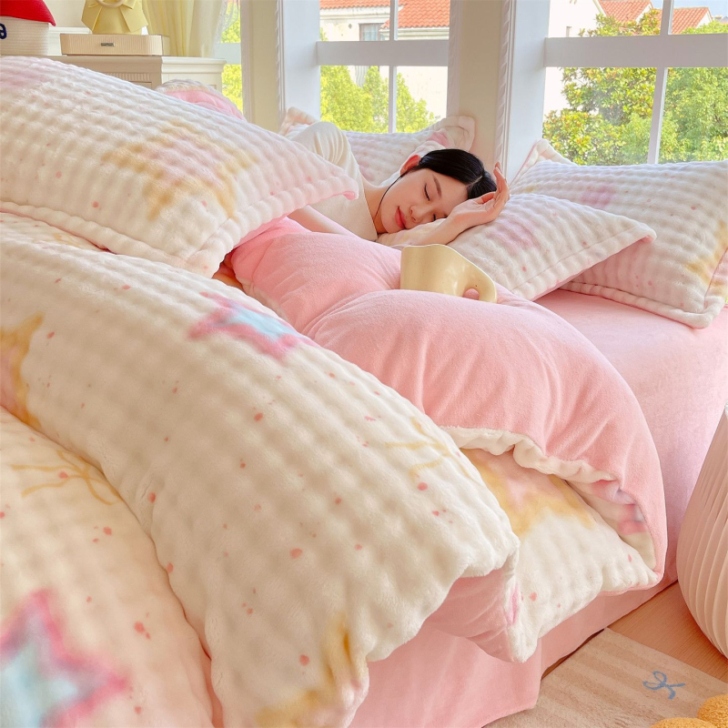 Milk Velvet navlaka za pokrivač, zimska fleec podloga, dvostrani pliš, cartoon uzorak, poliester twill, toplinski prijenos otiska, četvero-djelni set posteljine