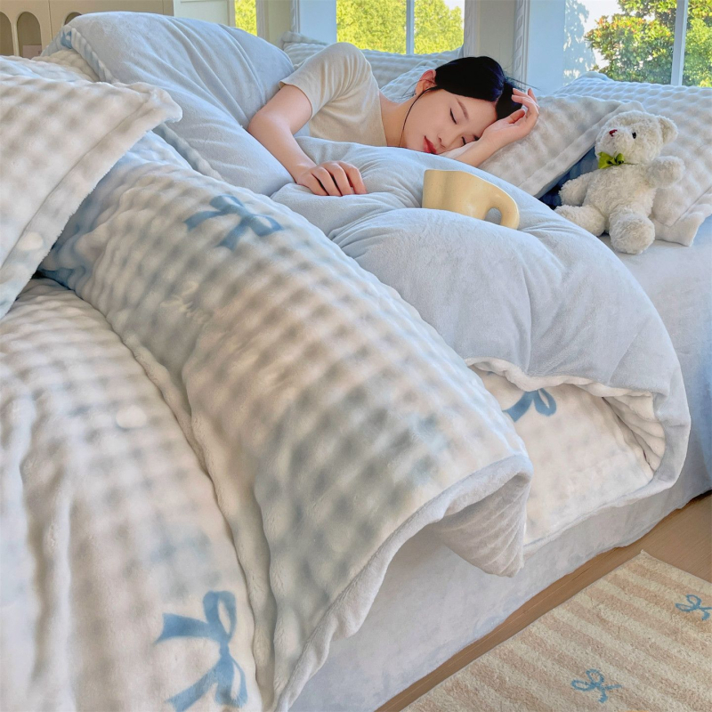 Milk Velvet navlaka za pokrivač, zimska fleec podloga, dvostrani pliš, cartoon uzorak, poliester twill, toplinski prijenos otiska, četvero-djelni set posteljine