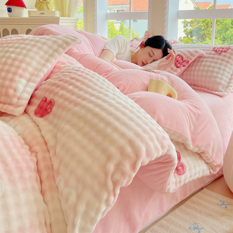 Milk Velvet navlaka za pokrivač, zimska fleec podloga, dvostrani pliš, cartoon uzorak, poliester twill, toplinski prijenos otiska, četvero-djelni set posteljine