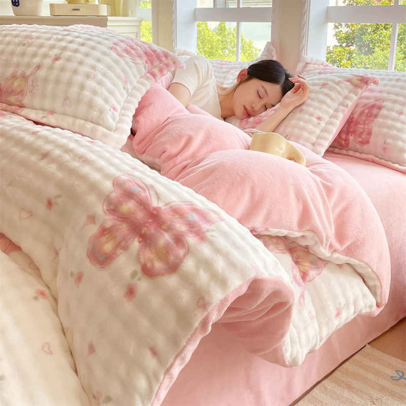 Milk Velvet navlaka za pokrivač, zimska fleec podloga, dvostrani pliš, cartoon uzorak, poliester twill, toplinski prijenos otiska, četvero-djelni set posteljine