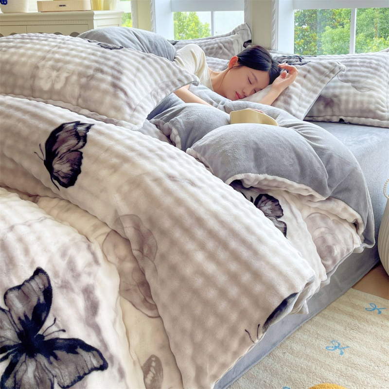 Milk Velvet navlaka za pokrivač, zimska fleec podloga, dvostrani pliš, cartoon uzorak, poliester twill, toplinski prijenos otiska, četvero-djelni set posteljine