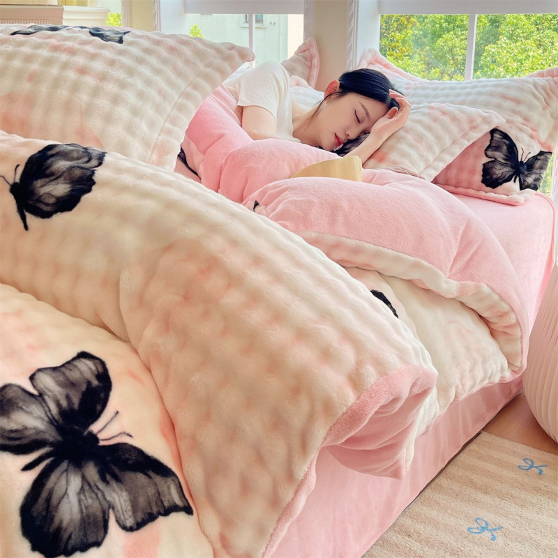 Milk Velvet navlaka za pokrivač, zimska fleec podloga, dvostrani pliš, cartoon uzorak, poliester twill, toplinski prijenos otiska, četvero-djelni set posteljine