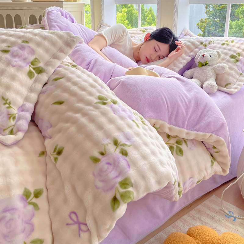 Milk Velvet navlaka za pokrivač, zimska fleec podloga, dvostrani pliš, cartoon uzorak, poliester twill, toplinski prijenos otiska, četvero-djelni set posteljine