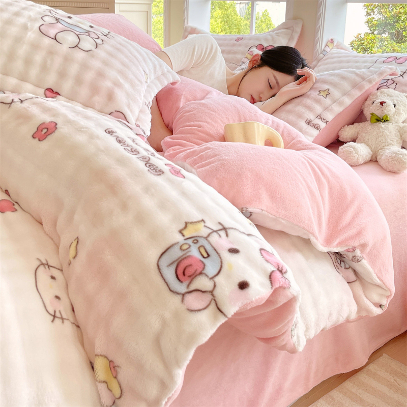 Milk Velvet navlaka za pokrivač, zimska fleec podloga, dvostrani pliš, cartoon uzorak, poliester twill, toplinski prijenos otiska, četvero-djelni set posteljine