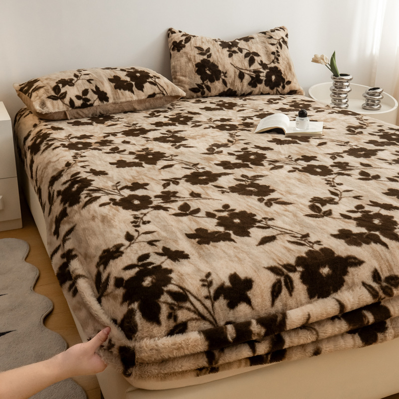 Set de 3 cearșafuri cu elastic, din pluș de iepure, imprimeu geometric-floral, imprimare reactive, stil modern minimalist