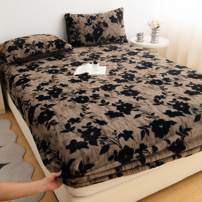 Set de 3 cearșafuri cu elastic, din pluș de iepure, imprimeu geometric-floral, imprimare reactive, stil modern minimalist