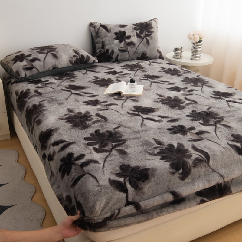 Set de 3 cearșafuri cu elastic, din pluș de iepure, imprimeu geometric-floral, imprimare reactive, stil modern minimalist