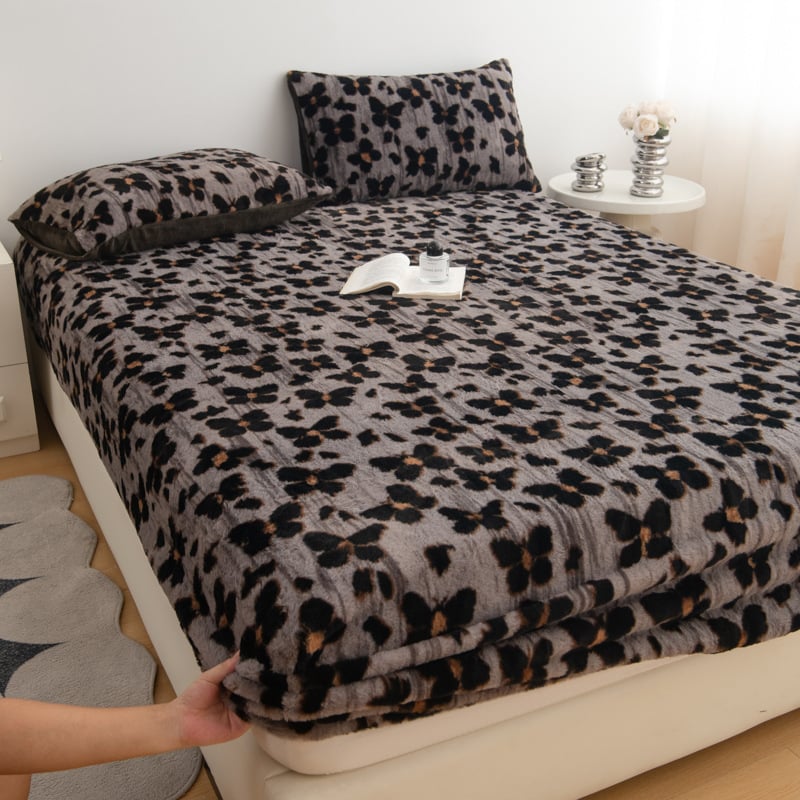 Set de 3 cearșafuri cu elastic, din pluș de iepure, imprimeu geometric-floral, imprimare reactive, stil modern minimalist