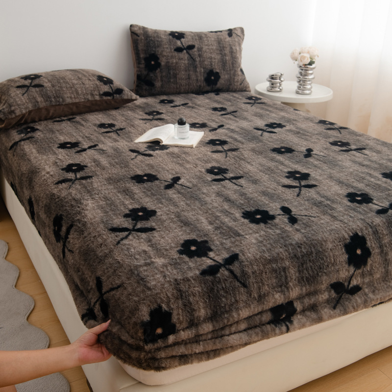 Set de 3 cearșafuri cu elastic, din pluș de iepure, imprimeu geometric-floral, imprimare reactive, stil modern minimalist