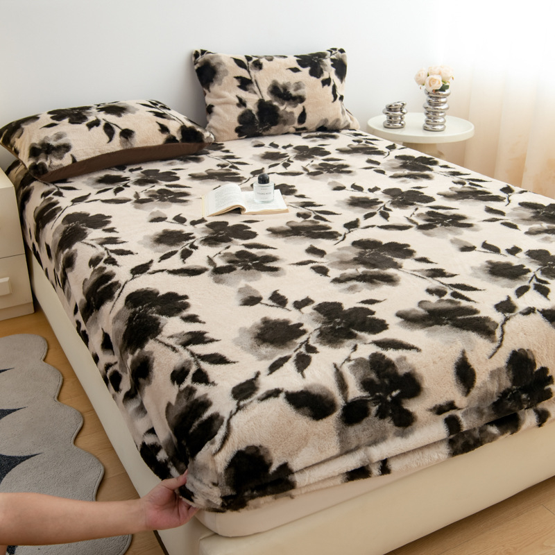 Set de 3 cearșafuri cu elastic, din pluș de iepure, imprimeu geometric-floral, imprimare reactive, stil modern minimalist