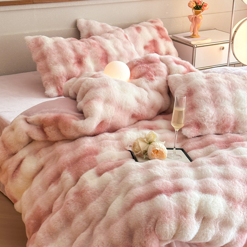 Set posteljine od mliječne velur s krznom z kunića, četverodjelni set za jesen-zimu, s coral fleece plahtama i navlakom za deku