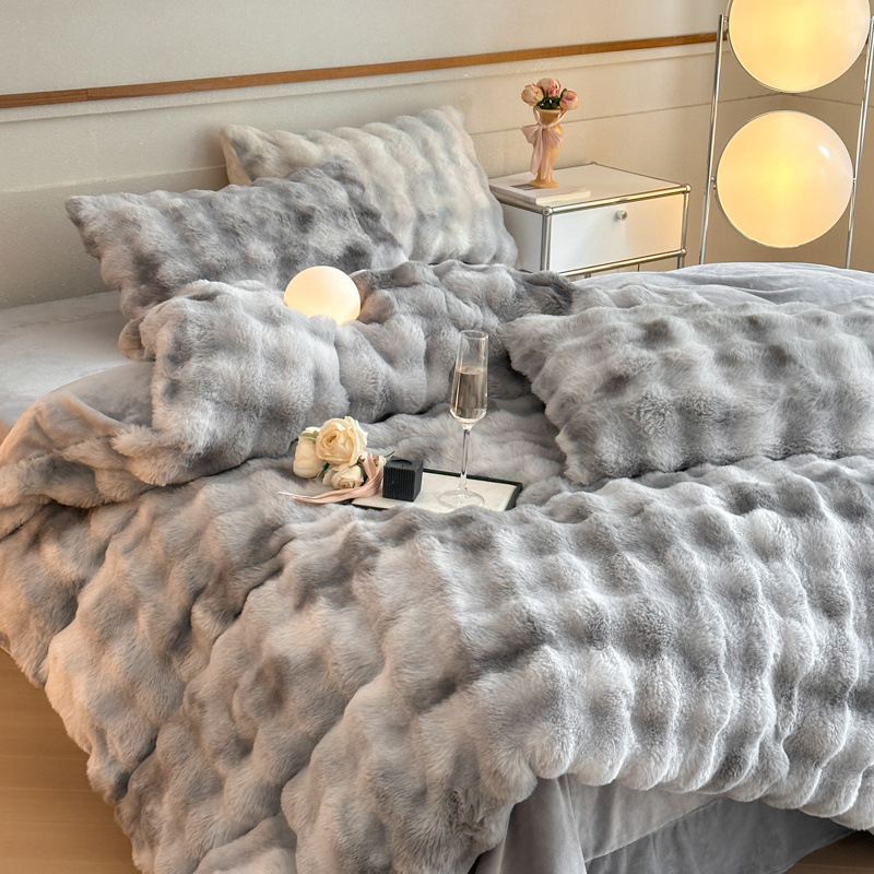 Set posteljine od mliječne velur s krznom z kunića, četverodjelni set za jesen-zimu, s coral fleece plahtama i navlakom za deku
